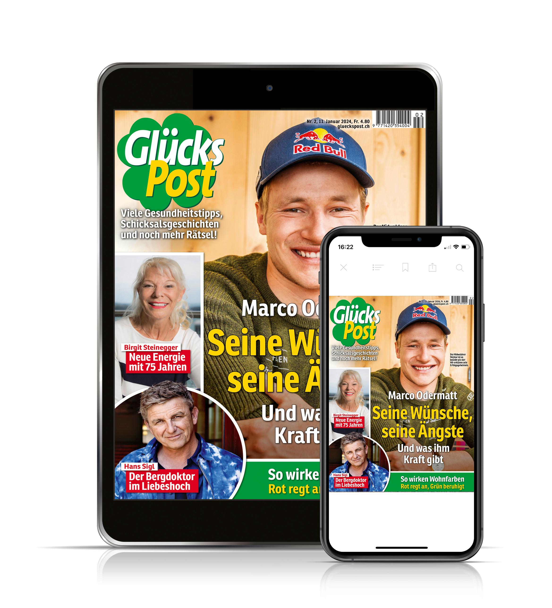 E-Paper | GlücksPost inkl. Mobile <h2>Ihre GlücksPost</h2>
<p>Mit dem GlücksPost-Abo sind Sie bei den wichtigen Ereignissen im Leben von nationalen und internationalen Berühmtheiten hautnah dabei. Wenn Sie die GlücksPost abonnieren, erhalten Sie darüber hinaus zahlreiche Tipps für ein schönes und gesundes Leben und viele knifflige Schweizer Rätsel.</p>
<p> </p>
<p>GlücksPost – Die Frauenzeitschrift für Prominenz & Unterhaltung.</p>